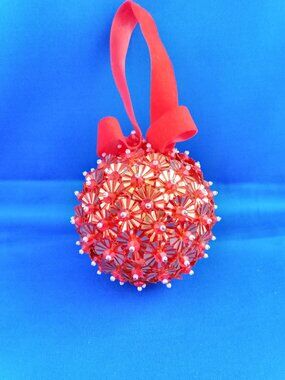 Vintage hand made sequin red & gold sequin Christmas pushpin ornament